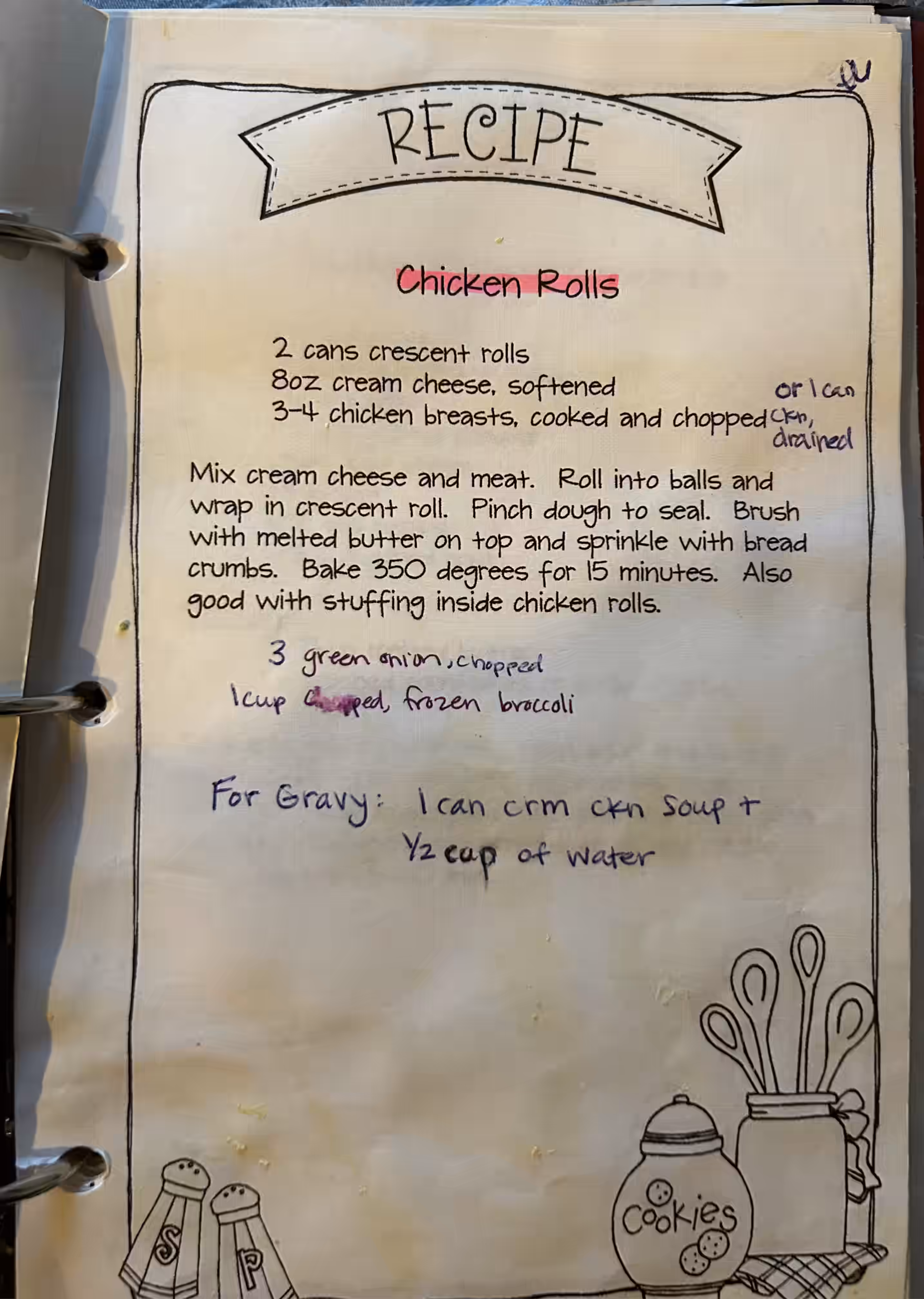 Chicken rolls recipe, printed in a worn cookbook