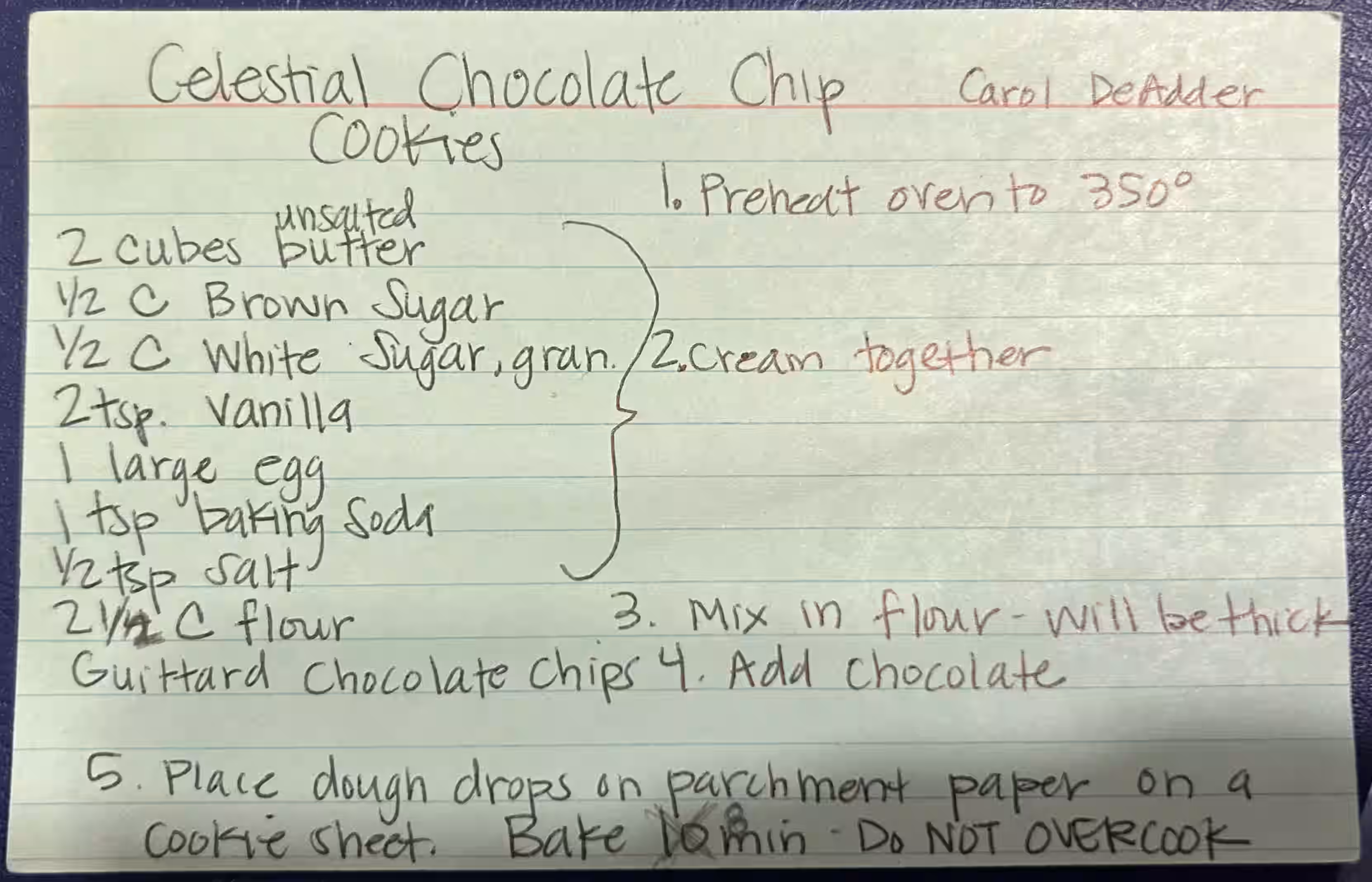 Chocolate chip cookie recipe, handwritten on an index card