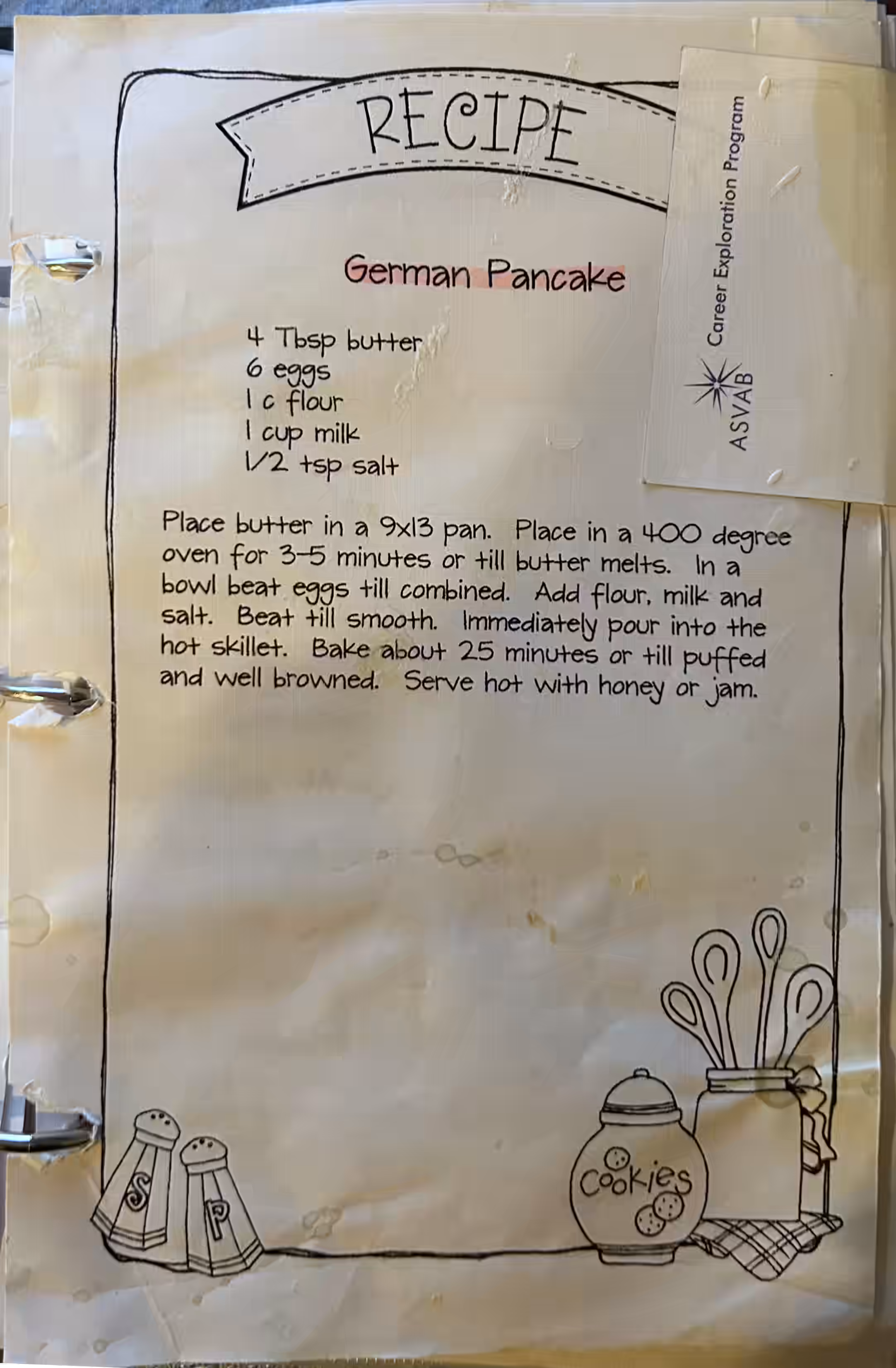 German pancake recipe, printed in a worn cookbook