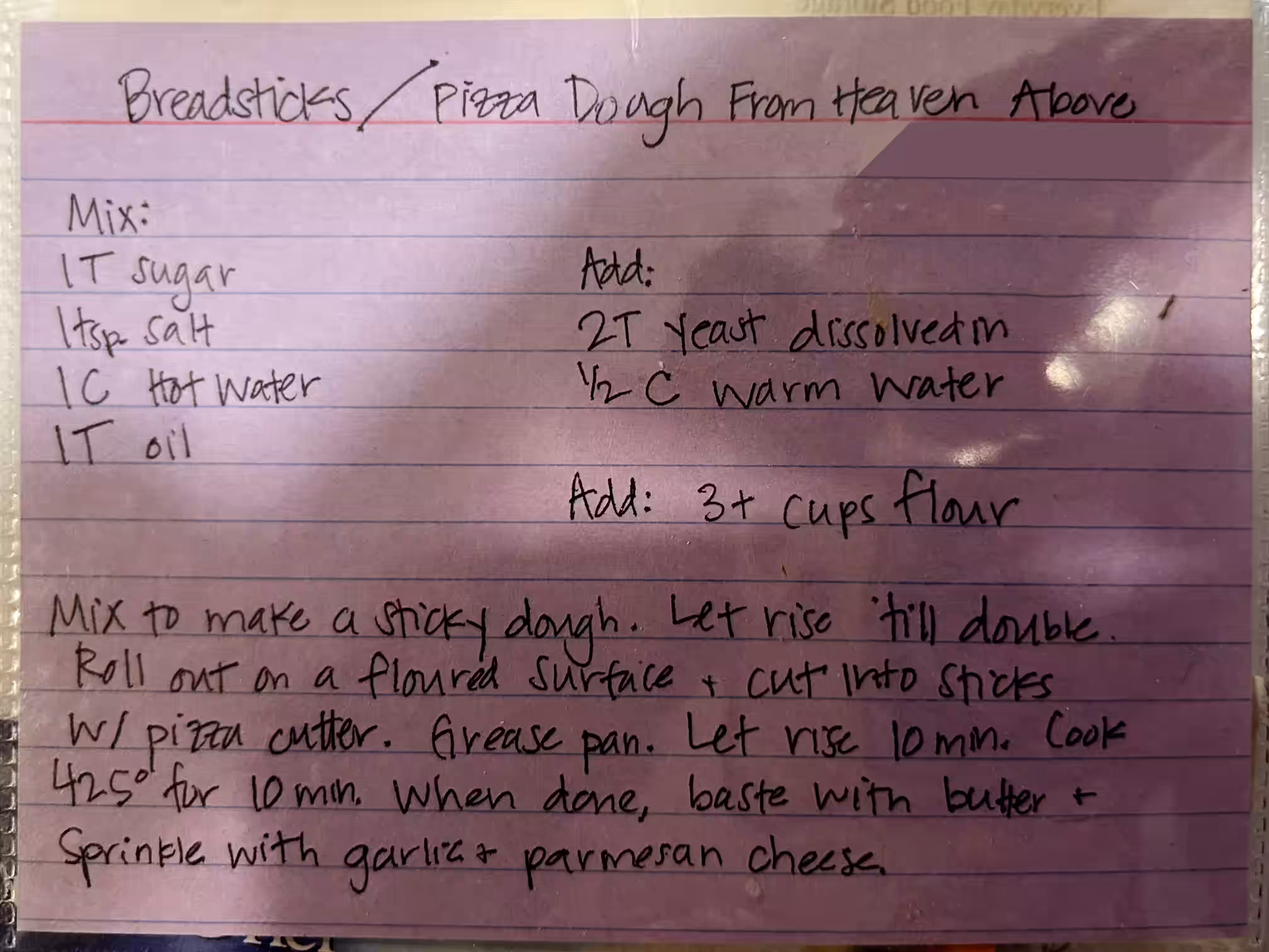 Pizza dough recipe, handwritten on an index card
